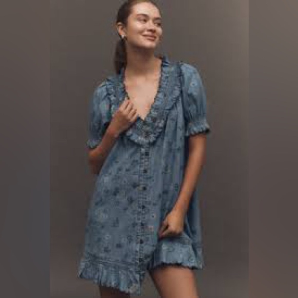 Anthropologie Pilcro - Puff-Sleeve Ruffled 
V-Neck Swing Mini Dress